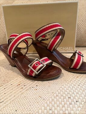 MICHAEL Michael Kors Red and Cream Striped Wedge Sandals